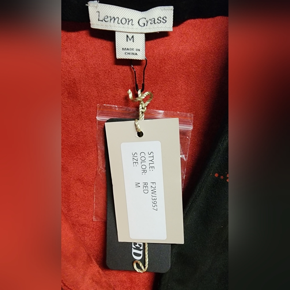 NWT Lemon Grass Women's Red Hand Printed Stand-Up Collar Jacket W/Button Detail - Picture 5 of 6